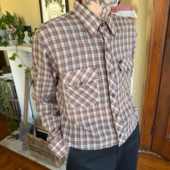 💀 SOLD 💀 Vintage 70s Cropped Boxy Plaid Semi-Sheer Western by Maverick ~ Size M - Picture 2 of 9